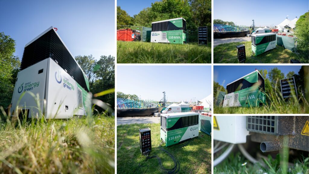 Série de photos du groupe électrogène à hydrogène EODev GEH2 de 110 kVA en situation réelle sur un événement, zéro émission de CO2.