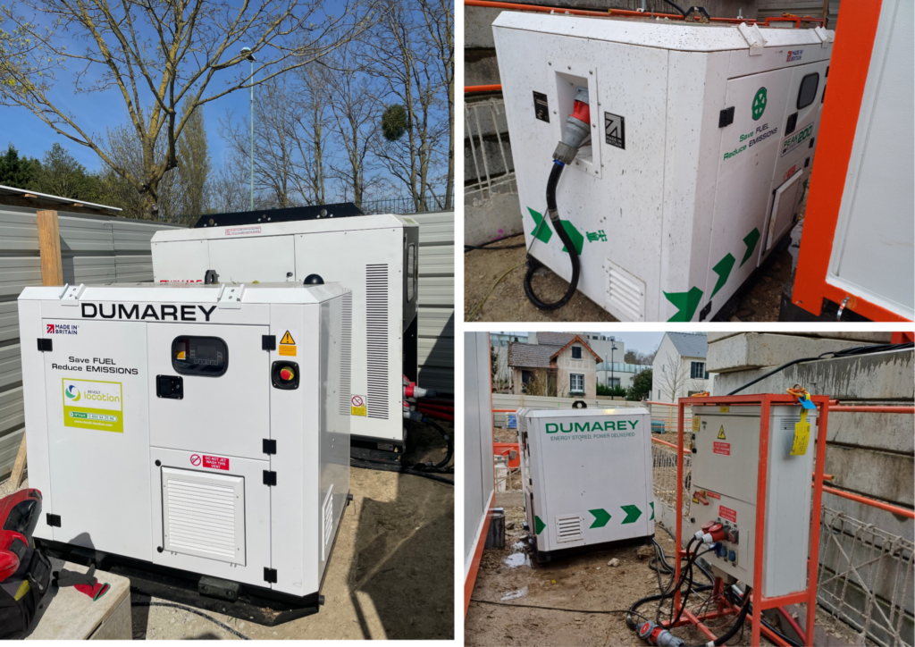 Montage photo de systèmes de stockage d'énergie Dumarey et armoires de distribution électrique Revolt Location sur un chantier de construction.