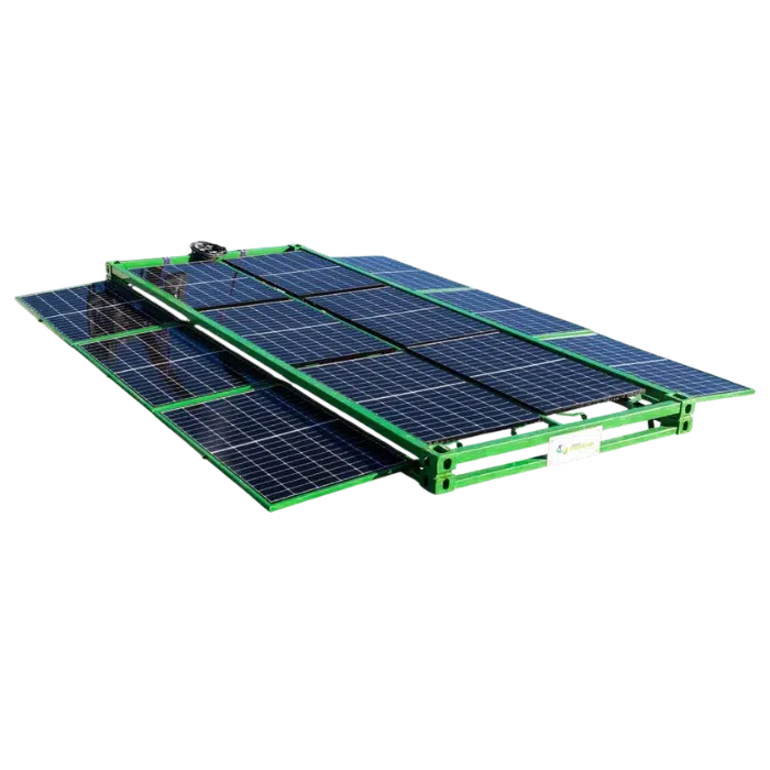 Skid solaire mobile déplié composé de plusieurs panneaux photovoltaïques pour l'autoconsommation sur chantier.