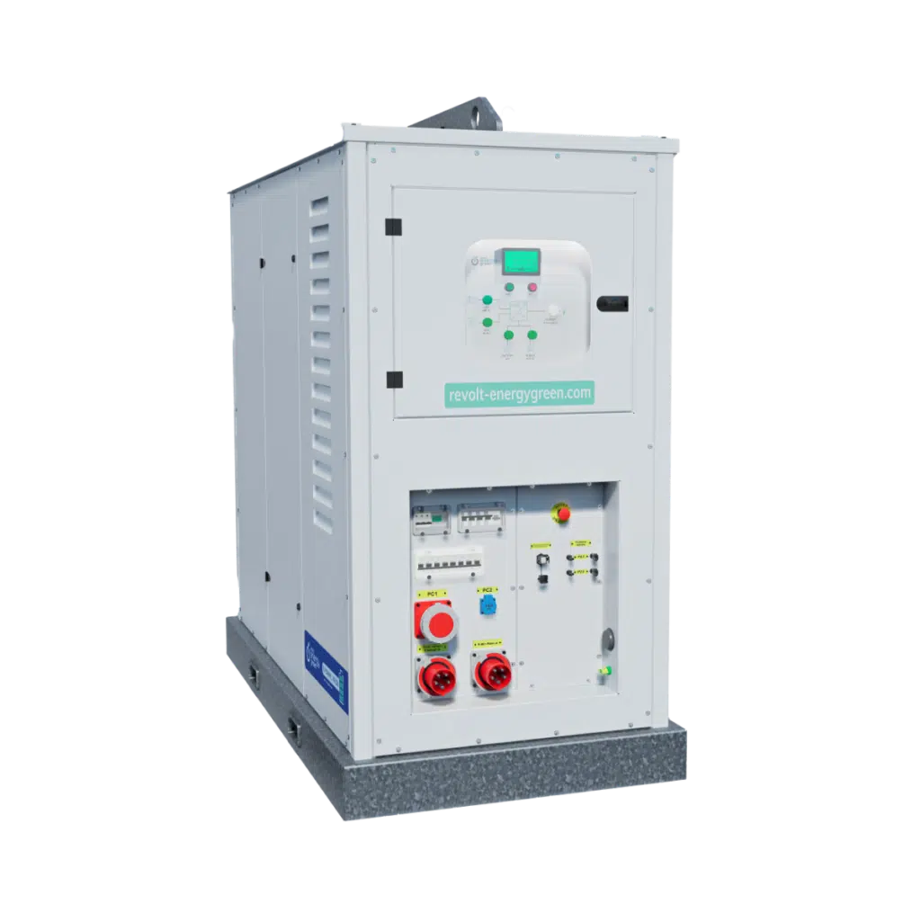 Pack Batterie mobile Revolt Energygreen avec interface de contrôle numérique et prises de raccordement industrielles.