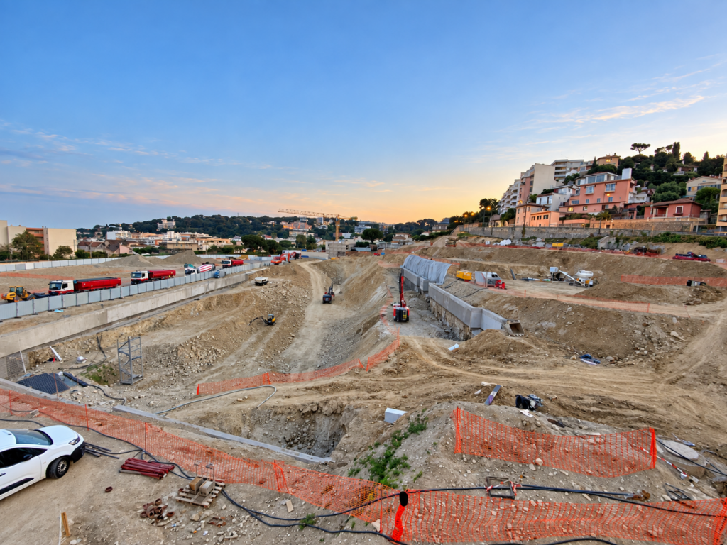 Vue panoramique d'un vaste chantier de terrassement avec engins de BTP, filets de balisage orange et bâtiments résidentiels en arrière-plan, au coucher du soleil.