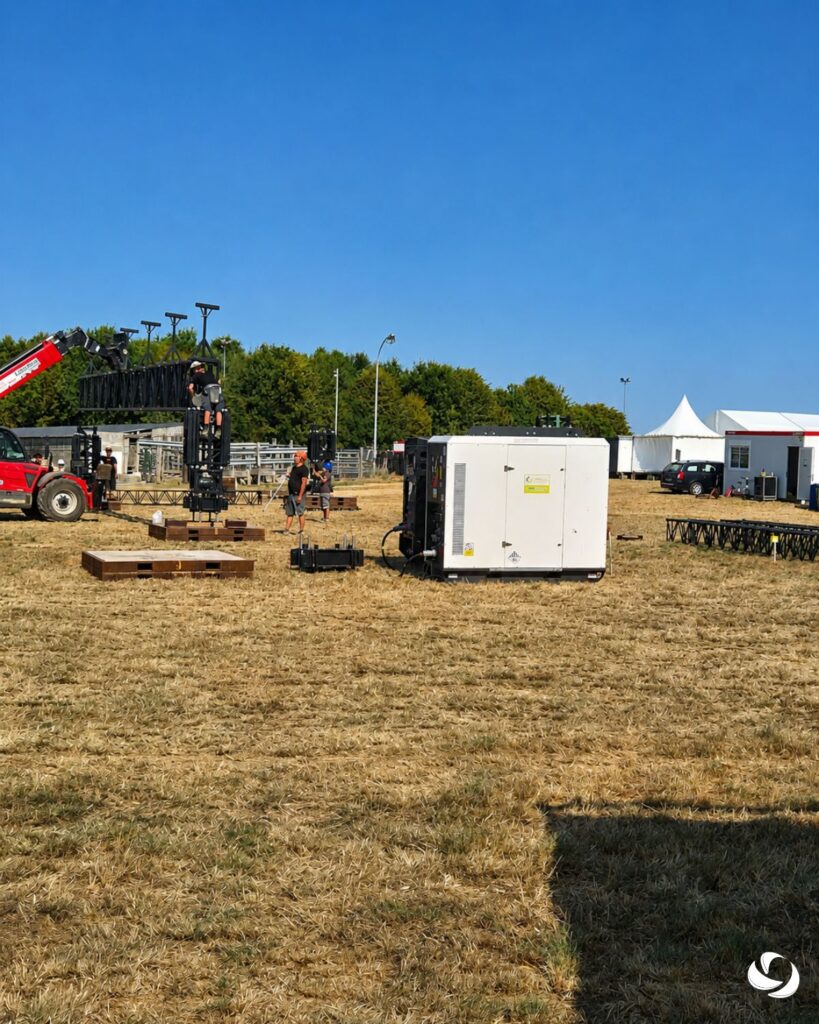 Groupe électrogène installé sur un site événementiel en plein air avec structures temporaires