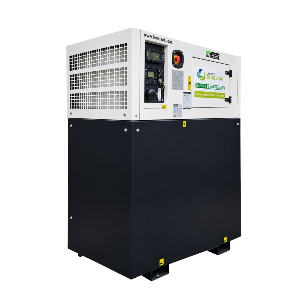Groupe électrogène 14 kVA Inmesol Revolt Location avec panneau de commande et arrêt d'urgence, vue de trois quarts.